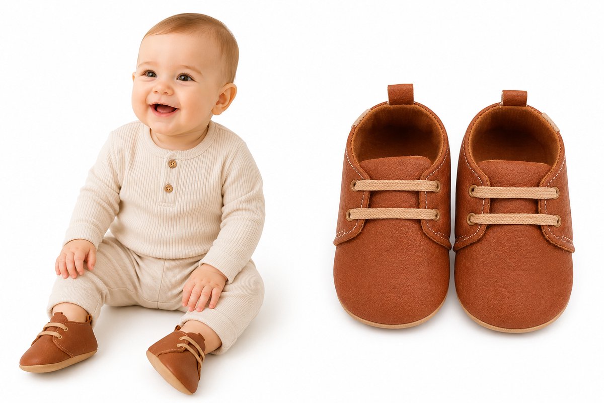 Babyschoentjes 4-9 Maanden – Maat 16-18 (12 cm) – Antislip Rubber Zool – Zachte Baby Veterschoenen – Jongens & Meisjes – Bruin