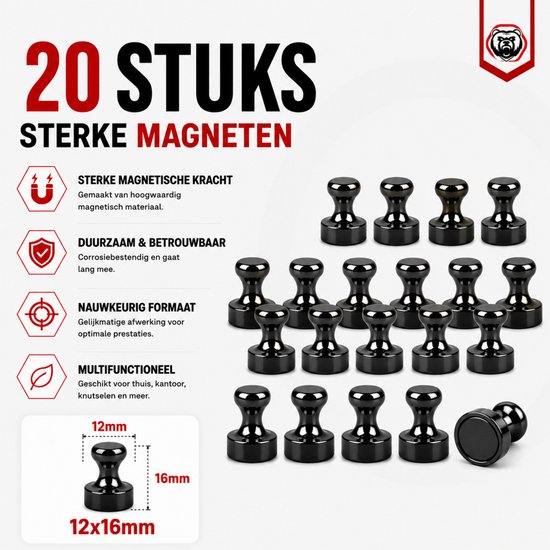 Een groep van 20 zwarte magneten, met de afmetingen 12x16mm. "20 stuks sterke magneten."