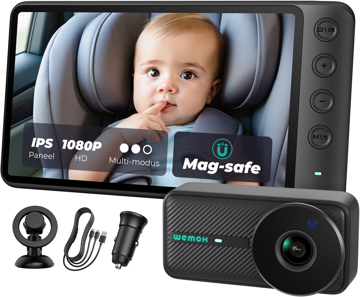 WEMOH Magnetische Baby Autocamera - 5 inch 1080P HD IPS Monitor Scherm | Auto Nachtzicht, Zoom & Mirror Modus, Continue Stroomvoorziening, voor Achterwaarts Autostoeltje - Zwart