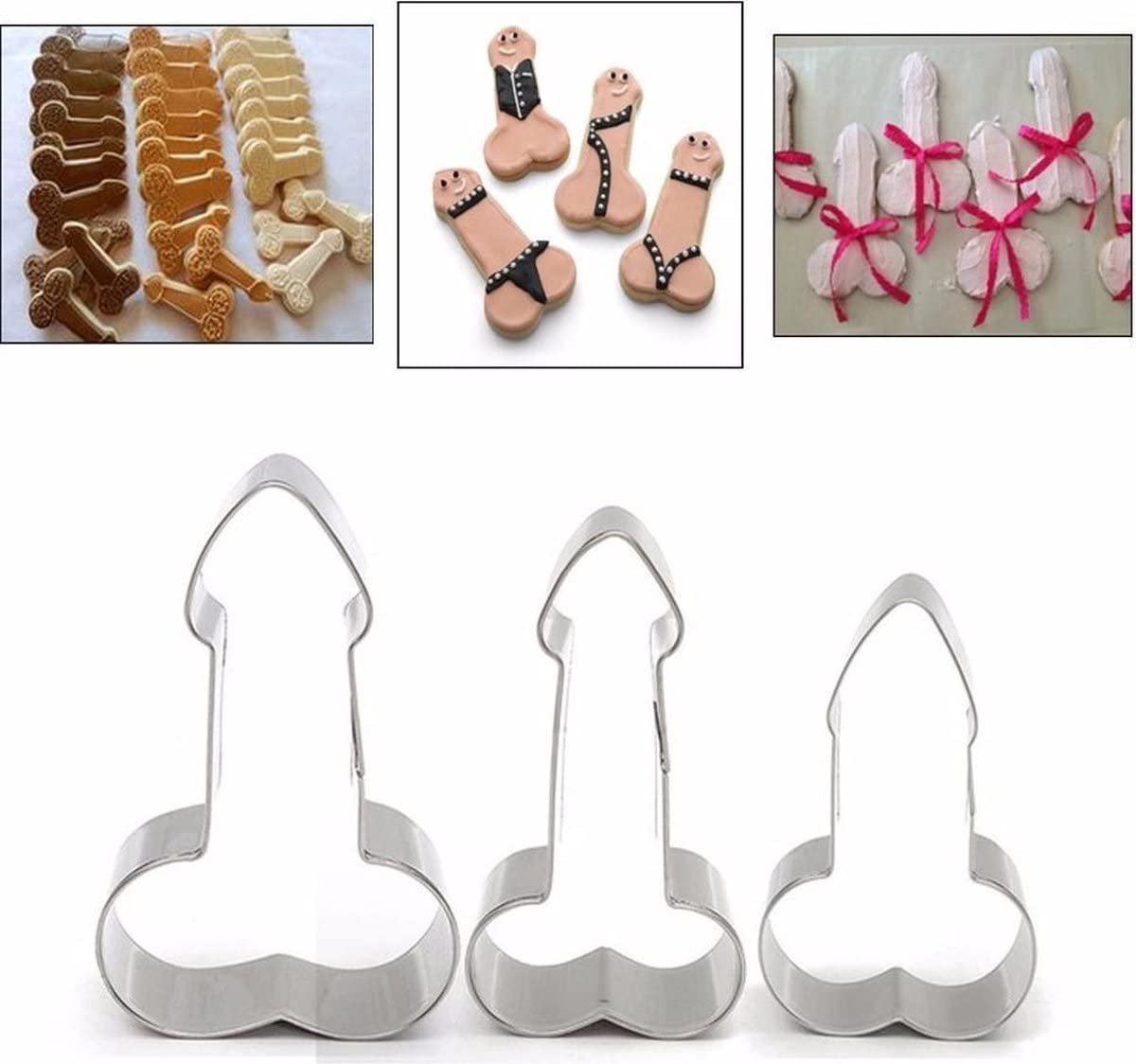 Okado Penis Uitsteekvormen 3 Stuks – Metalen Koekvormpjes in Diverse Maten – Voor Koekjes, Fondant, Kaas en Vrijgezellenfeest