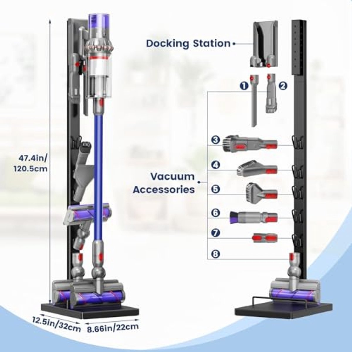PromoHome Stofzuigerstandaard voor Dyson V15, V12, V11, V10, V8, V7, V6 - Vrijstaande houder met 5 accessoirehaken - Ruimtebesparend, geen boren nodig
