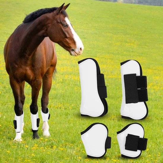 Paardenbeenbeschermers - Paardrijlaarzen - Hindernis springen - Verbeterde beenbescherming - 4 stuks - Wit Paardenbeenbeschermers - Paardrijlaarzen - Hindernis springen - Verbeterde beenbescherming - 4 stuks - Wit