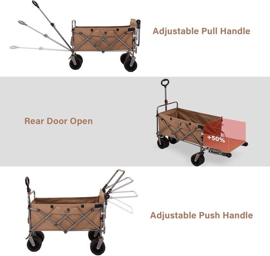 Handige Transportkar - Opvouwbare Trolley - Buitenactiviteiten - Extra Grote Wielen - 120kg Draaglast - Khaki — afbeelding 5