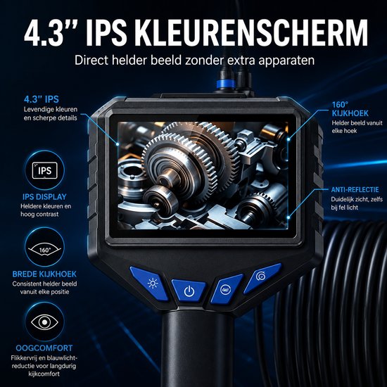 4.3" IPS kleurenscherm met duidelijke weergave van tandwielen en anti-reflectie.