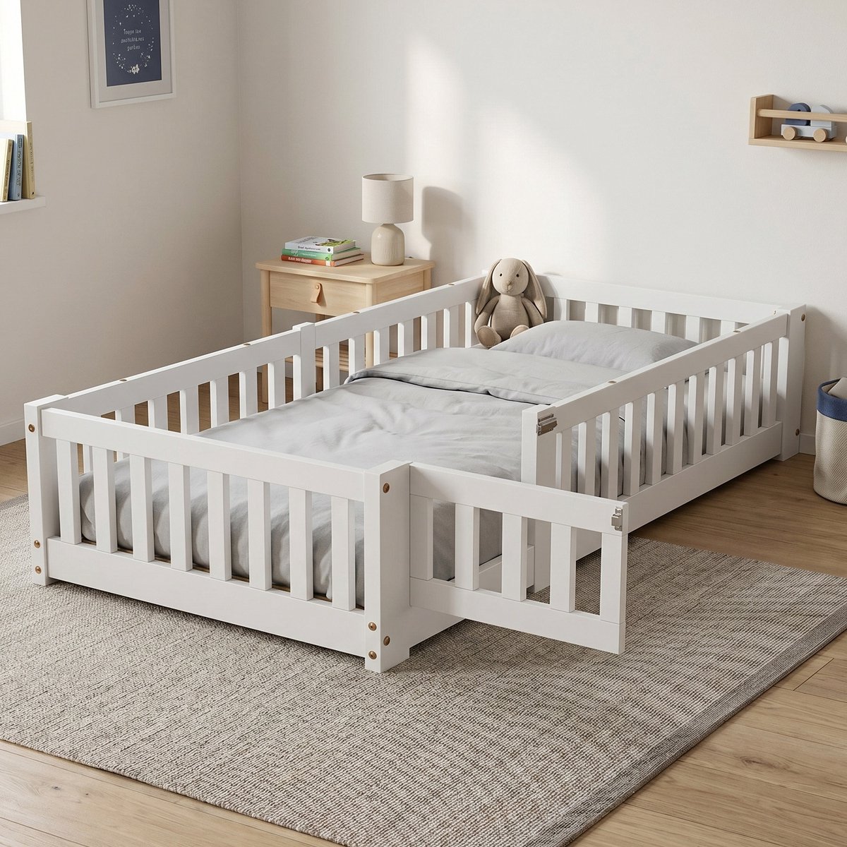 Mofor Montessori Kinderbed 120x200 cm - Vloerbed met Uitvalbeveiliging en Lattenbodem - Eenpersoonsbed - Hout - Wit