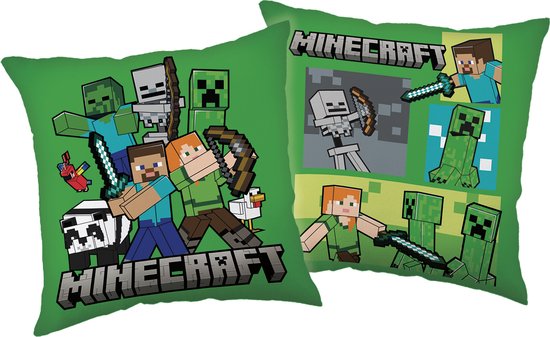 Coussins verts illustrés de personnages Minecraft : Steve, Alex, Creepers, zombies et un panda. Le texte 'MINECRAFT' est bien visible.
