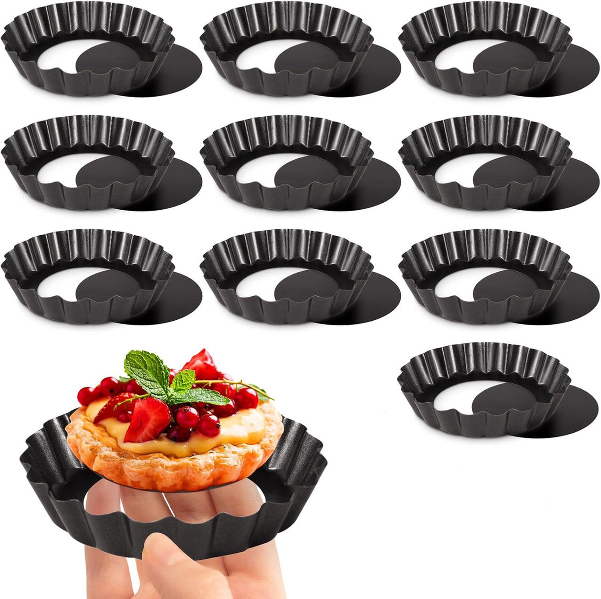 Quichevormpjes met Losse Bodem - 10 Stuks - Tartelettevormen - Taartvorm - Cakevorm - Gebak vormen - Mini Bakvorm - Vaatwasserbestendig - Voor Quiche, Mini Taarten en Gebak - Zwart