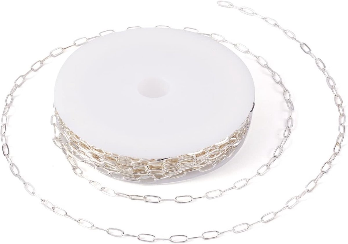 5m Rol Paperclip Kettingen Kralen met Spool Gelaste Ketting 6x2.5mm Ovalen Schakel voor DIY Sieraden, Halsketting, Armband en Oorbellen, Zilver