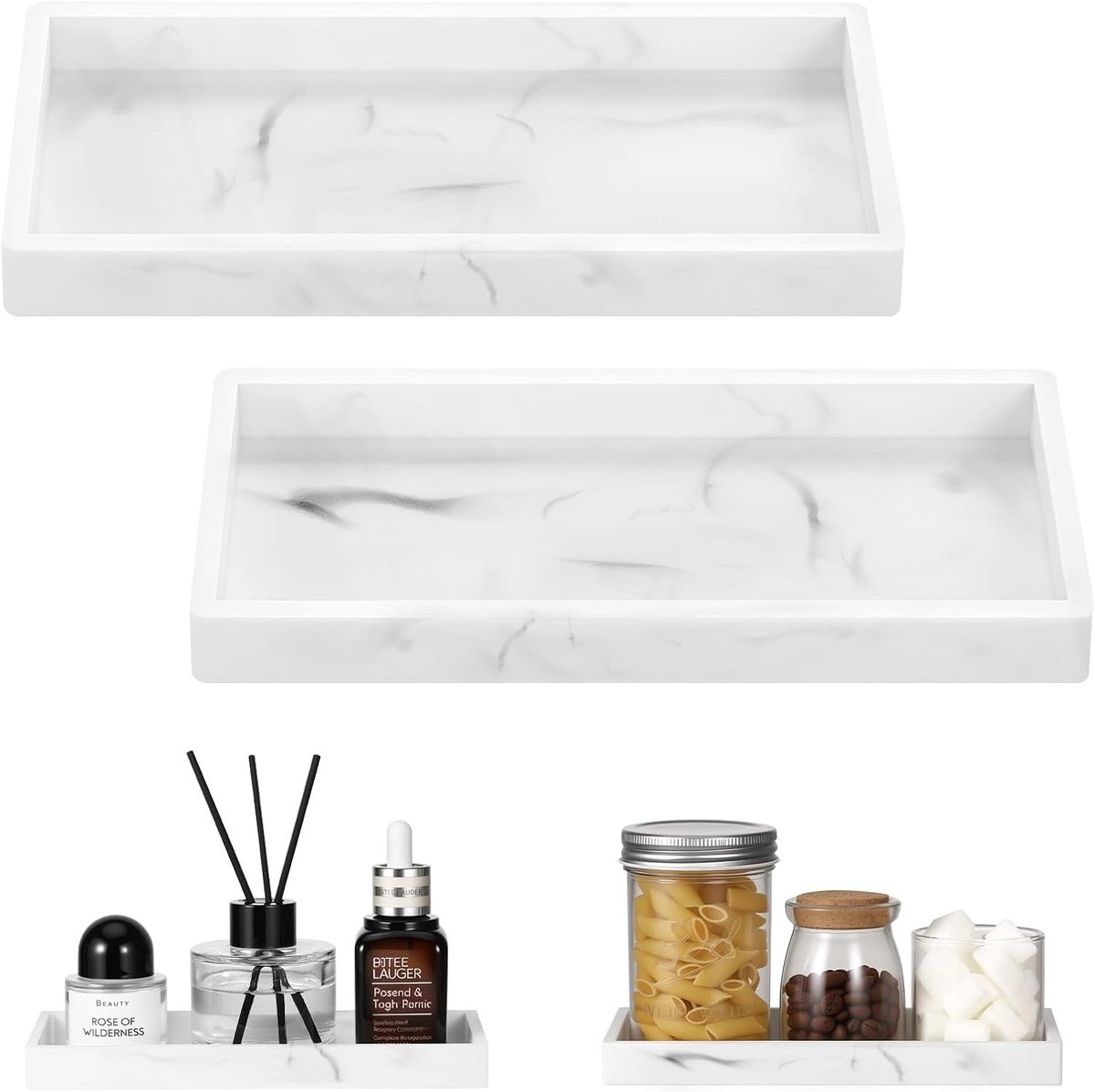 Badkamer Vanity Tray Set - 2 Stuks (7.9" x 4") Siliconen Zeepdispenser voor Keuken en Badkamer, Marmer Wit, Ideaal voor Zeep, Parfum en Sieraden Accessoires
