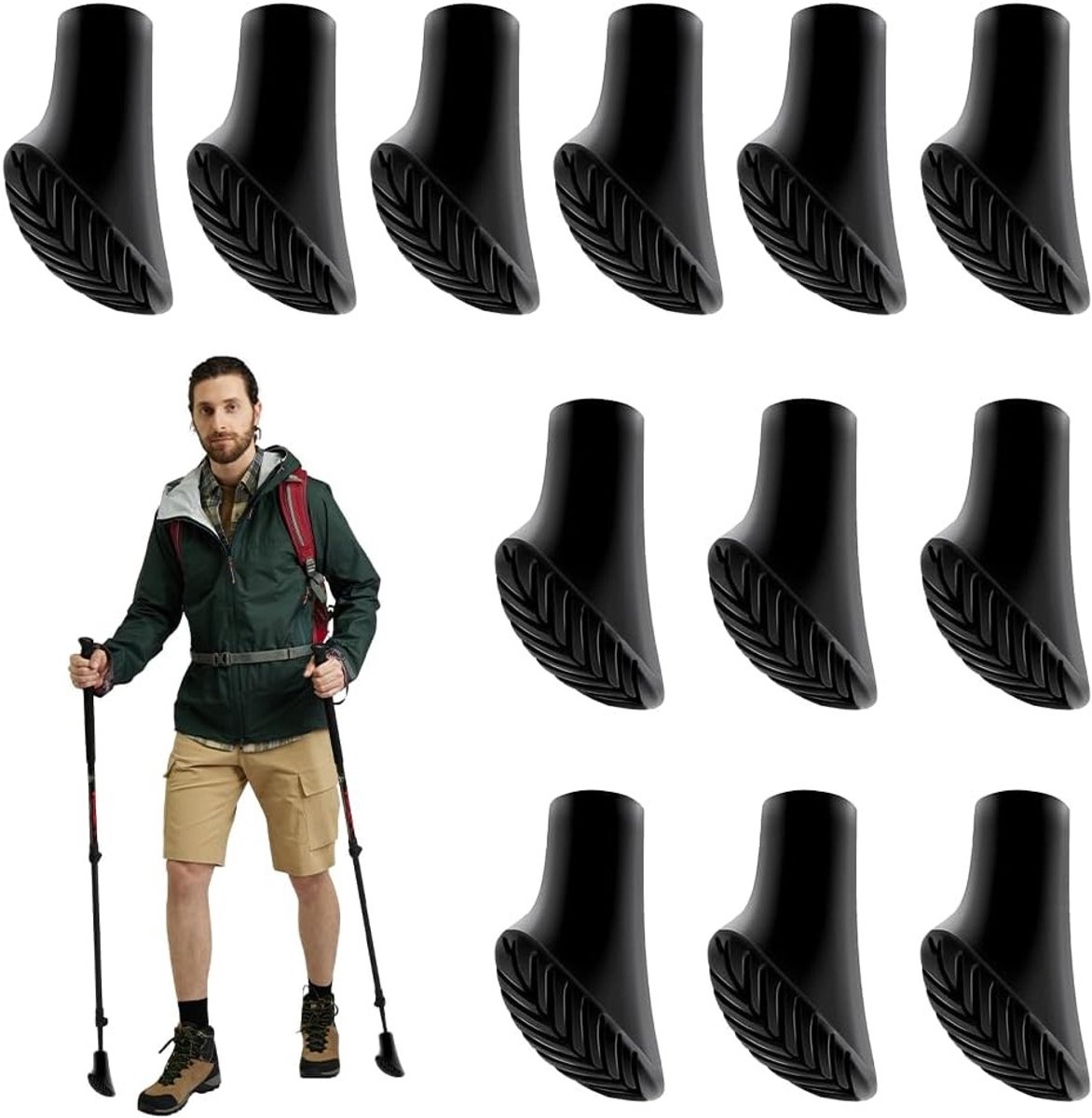 Rubberen buffers voor Nordic Walking-stokken, 12 stuks, geschikt voor trekkingstokken, wandelstokken en outdooractiviteiten, diameter 10-11 mm