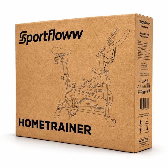 Doos van de Sportfloww hometrainer met een schets van de fiets en specificaties op de zijkant.