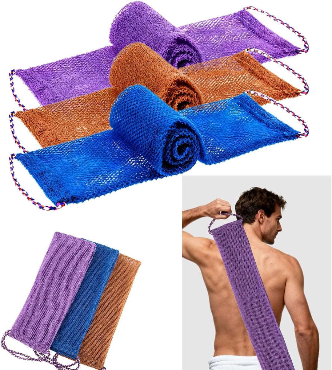 Langwerpige Bad Spons met Touwhandvatten voor Lichaamspeeling en Rugreiniging - Perfect voor Ontspanning en Verzorging (Paars, Blauw, Bruin)