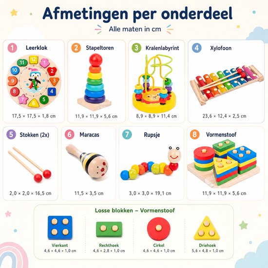 Kleine Ontdekkersspeelset 7 delig - Houten Educatief Speelgoed - Montessori Speelgoed - Peuter Speelgoed - Fijne Motoriek - Stapeltoren, Xylofoon, Leerklok, Kralenlabyrint, Vormenstoof, Rupsje, Maracas - IntelliKids van Intellikids — afbeelding 5