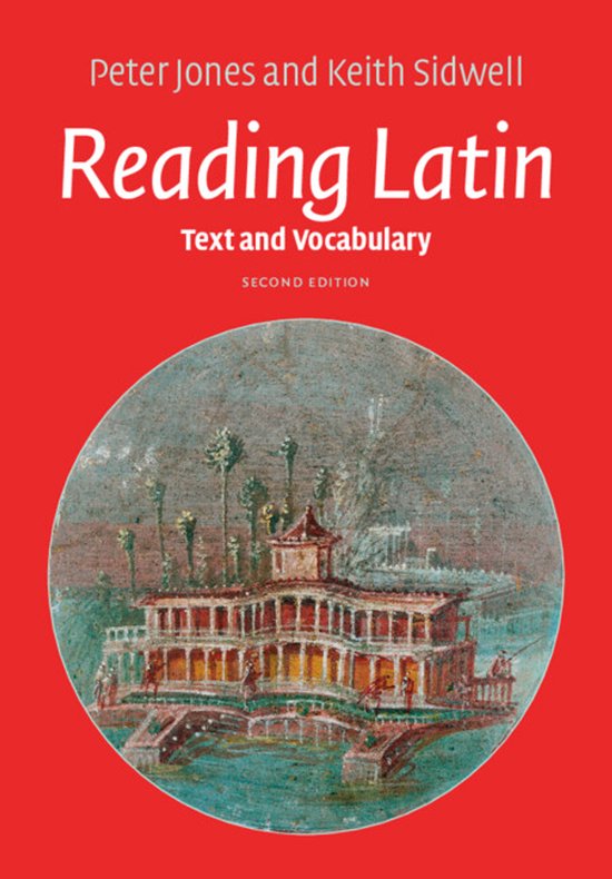 Boek "Reading Latin, Text and Vocabulary, Second Edition" door Peter Jones en Keith Sidwell, met een afbeelding van een Romeinse villa.