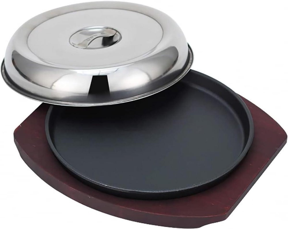 Gietijzeren Sizzle Plaat Steakpan Serveerschaal Restaurantwaardig Koken Inclusief Houten Basis 26cm Zwart