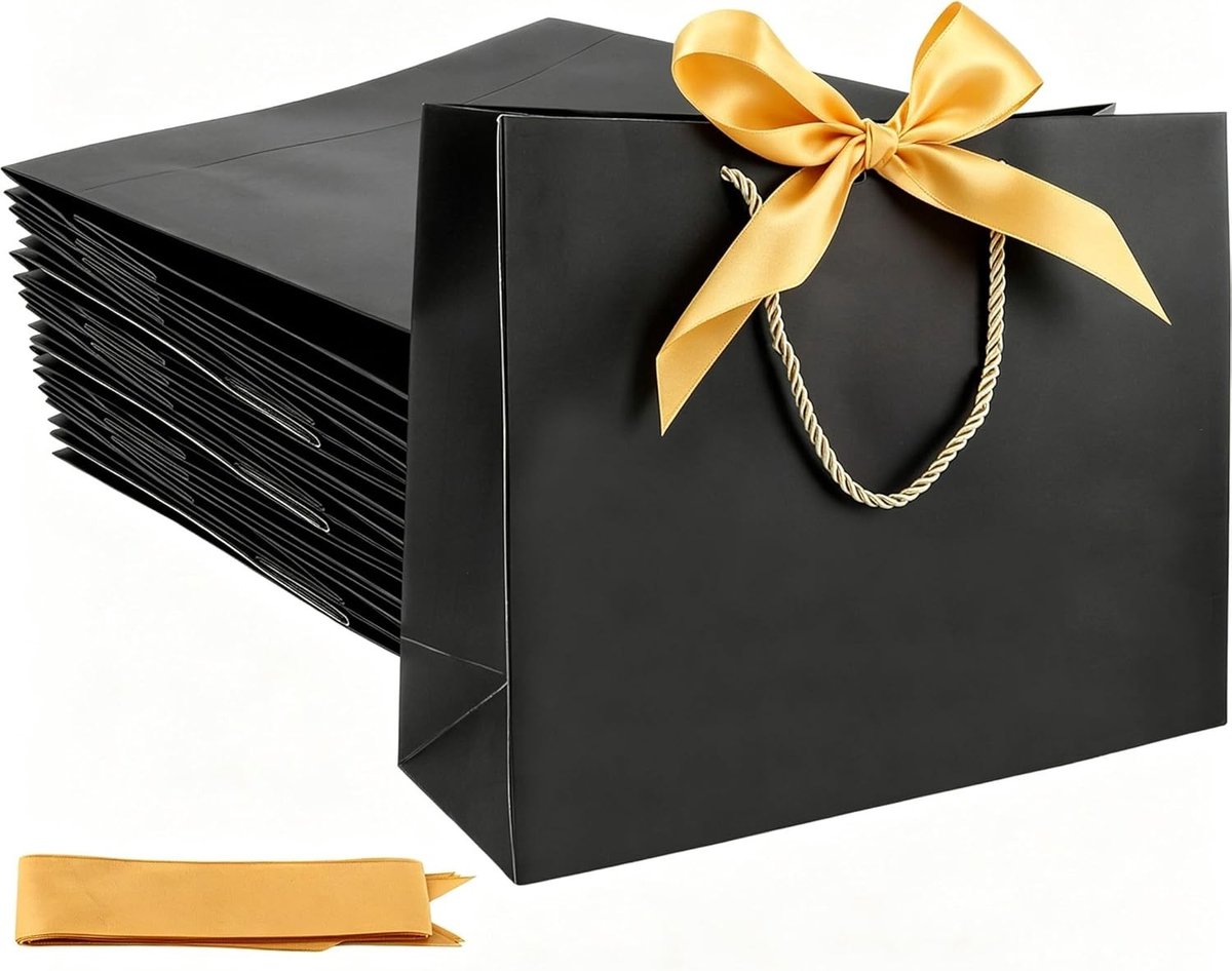 24 Stuks Zwarte Cadeautassen met Gouden Strik, Set van 32x25x11cm, Perfect voor Bruiloften, Kerstmis en Feestjes