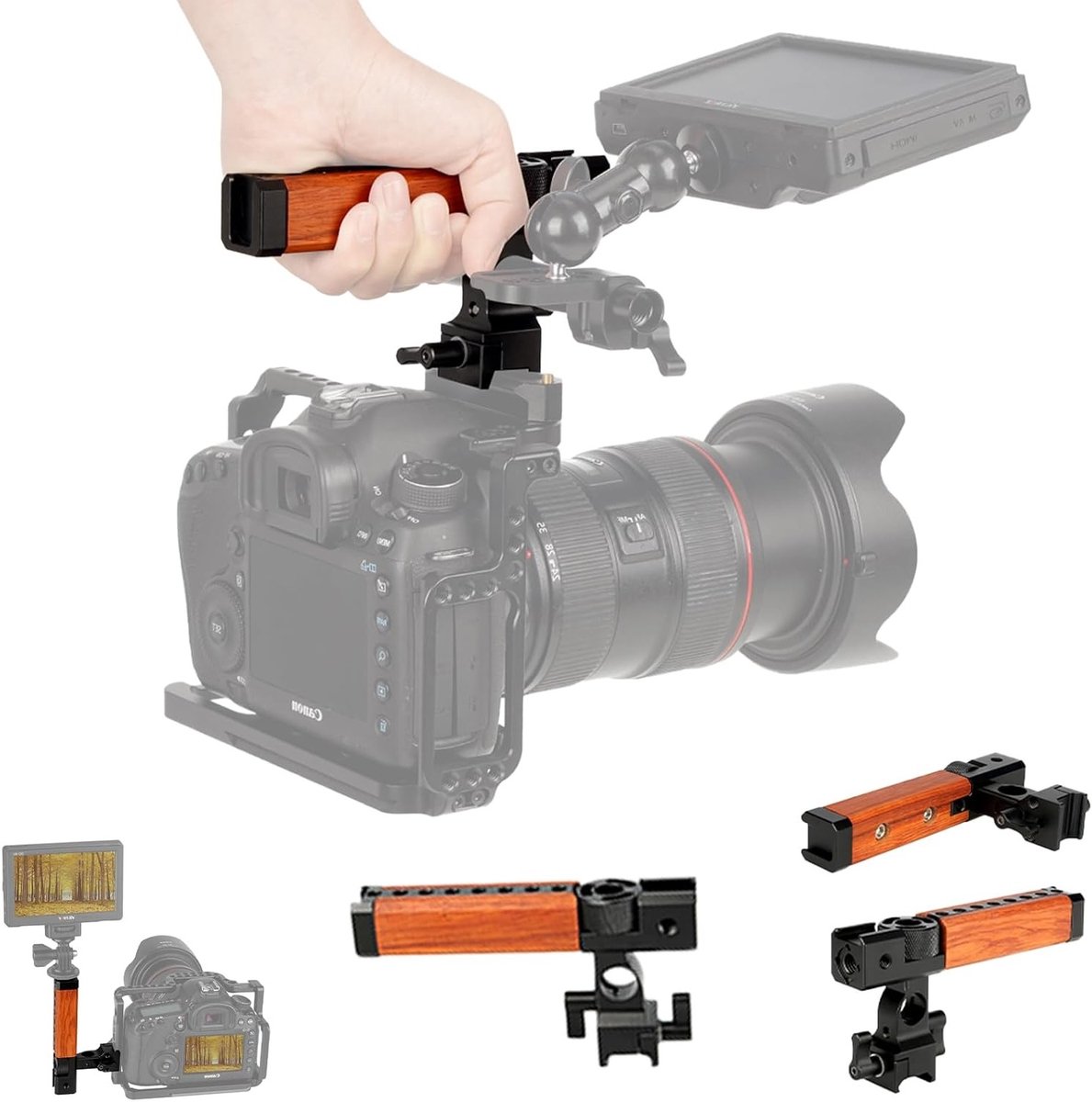 NATO Grip Camera Handle met Houten Handgreep, 15mm Rod Klem en Bevestigingspunt voor ARRI Camera Cage