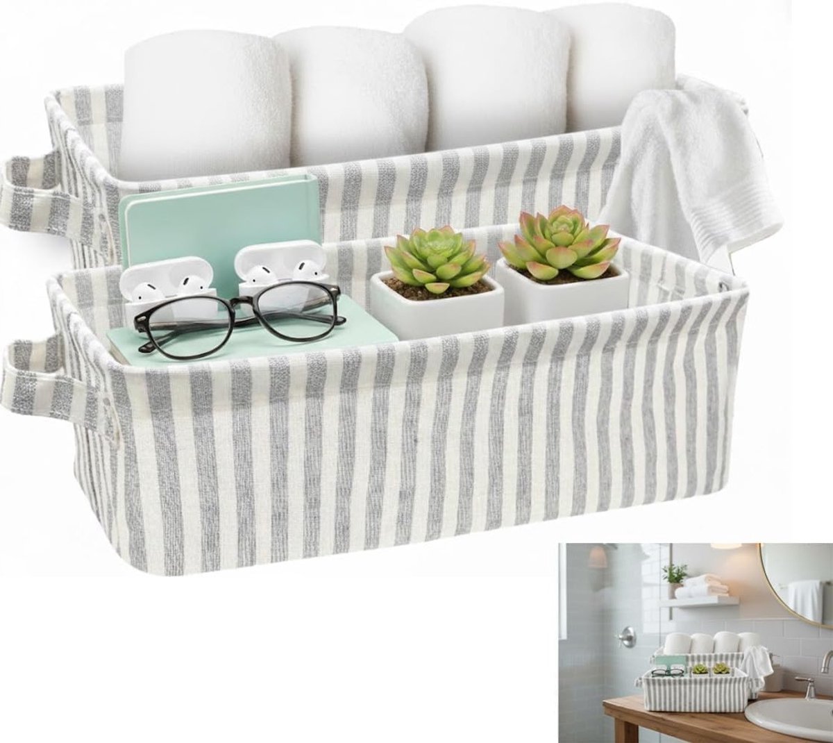 Vouwbare Opbergmand met Handvatten voor Slaapkamer, Badkamer en Woonkamer - Stripes Design, Ideaal voor Organisatie en Ruimtebesparing