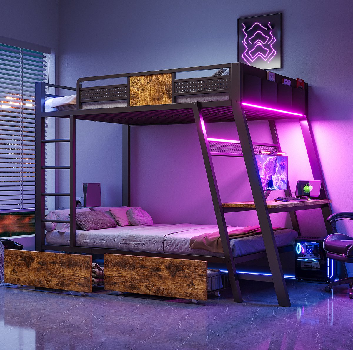 MIVRAY Stapelbed 90x200 cm Zonder Matras - Met Geïntegreerd Bureau, LED Verlichting en Opbergruimte - Voor Slaapkamer of Studentenkamer - Metaal en MDF - Zwart