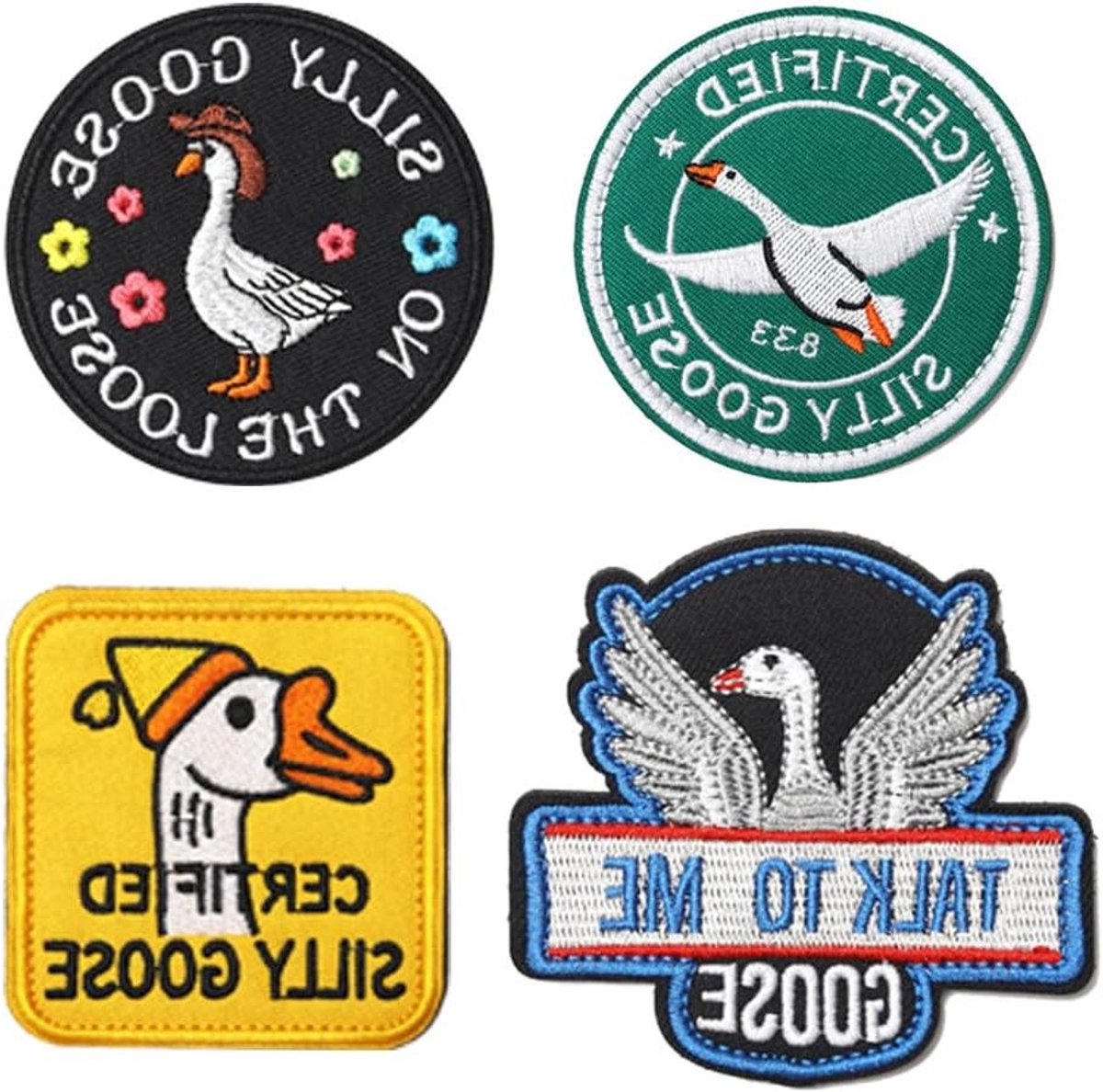 Set van 4 grappige geborduurde patches voor kleding, rugzakken en accessoires - DIY emblemen voor uniformen, jassen en broeken