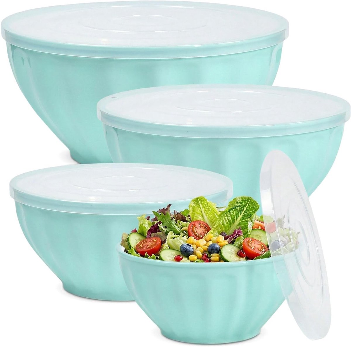 4-delige saladekommenset met deksel, stapelbare kunststof kommen voor opbergen, ideaal voor salades en maaltijden