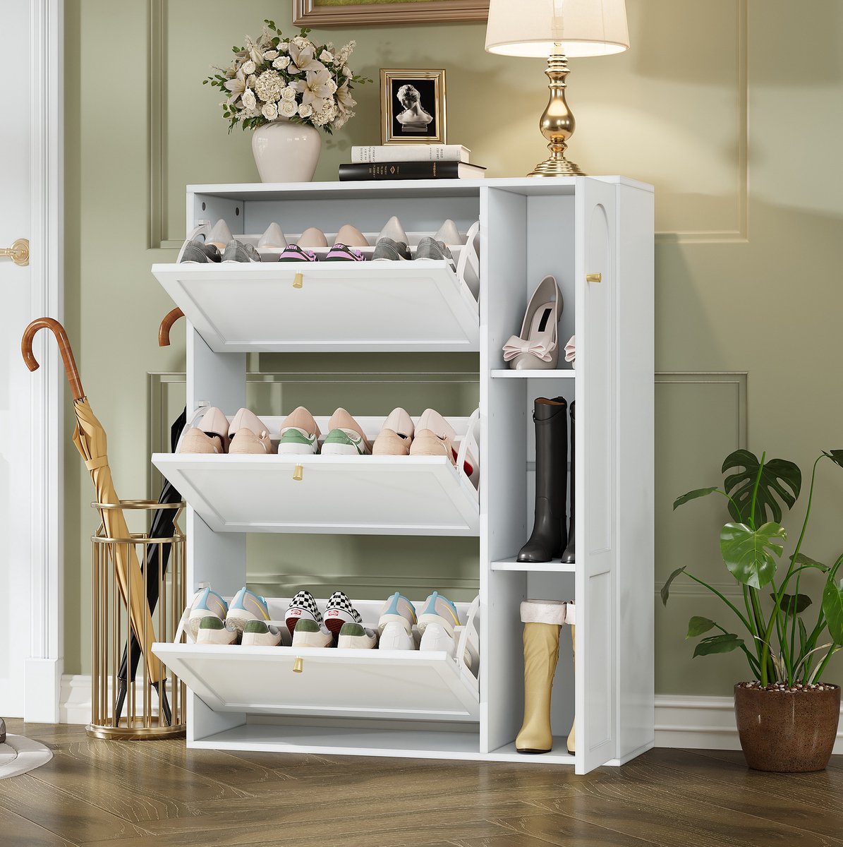 DESMIU Schoenenkast - Smal Met 3 Kleppen En 1 Deur - Vrijstaand Voor Hal En Woonkamer - MDF En Spaanplaat - 90x25x114 Cm - Wit