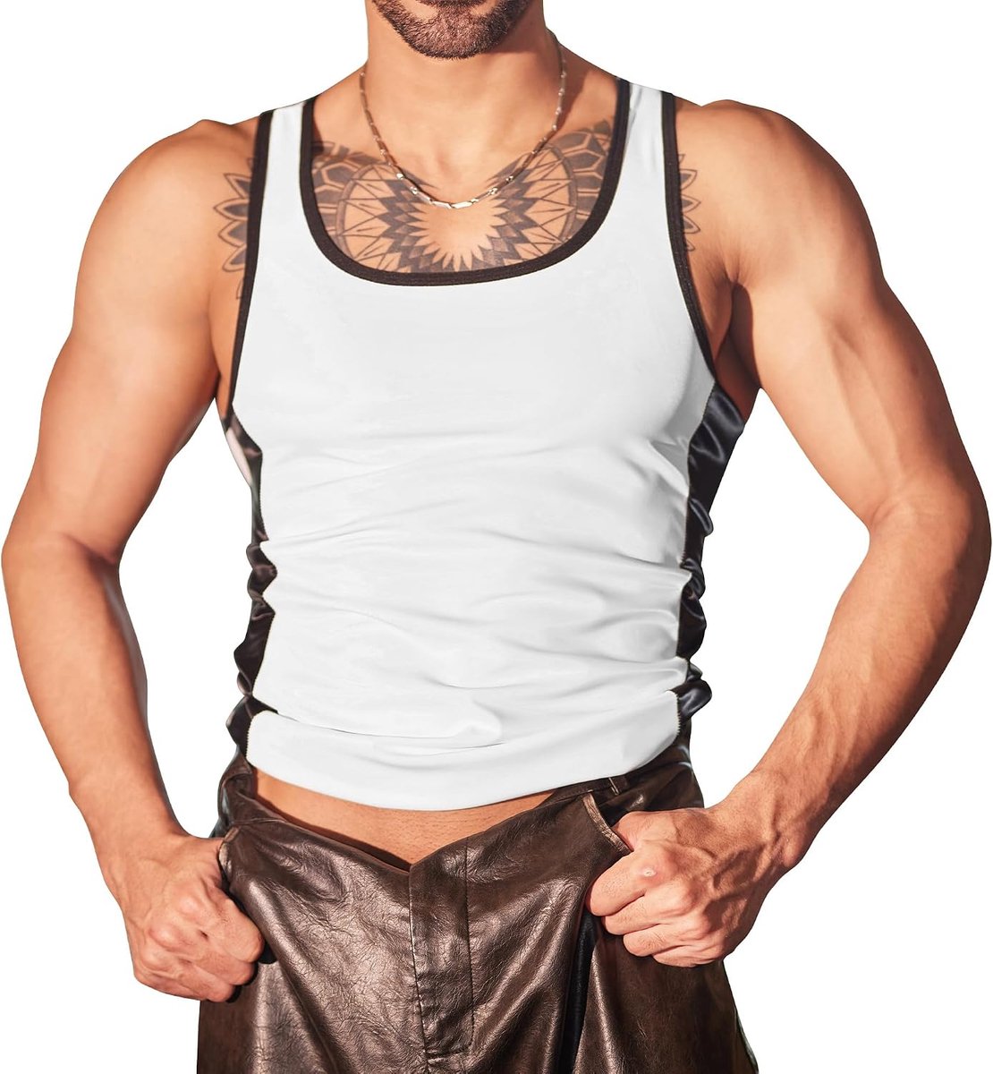 FEOYA Men's Undershirts Men's Sleeveless PU Leather Tank Tops Muscle Fit Sexy Faux Leather Wetlook Shirts Daily Sports - ShopVlot