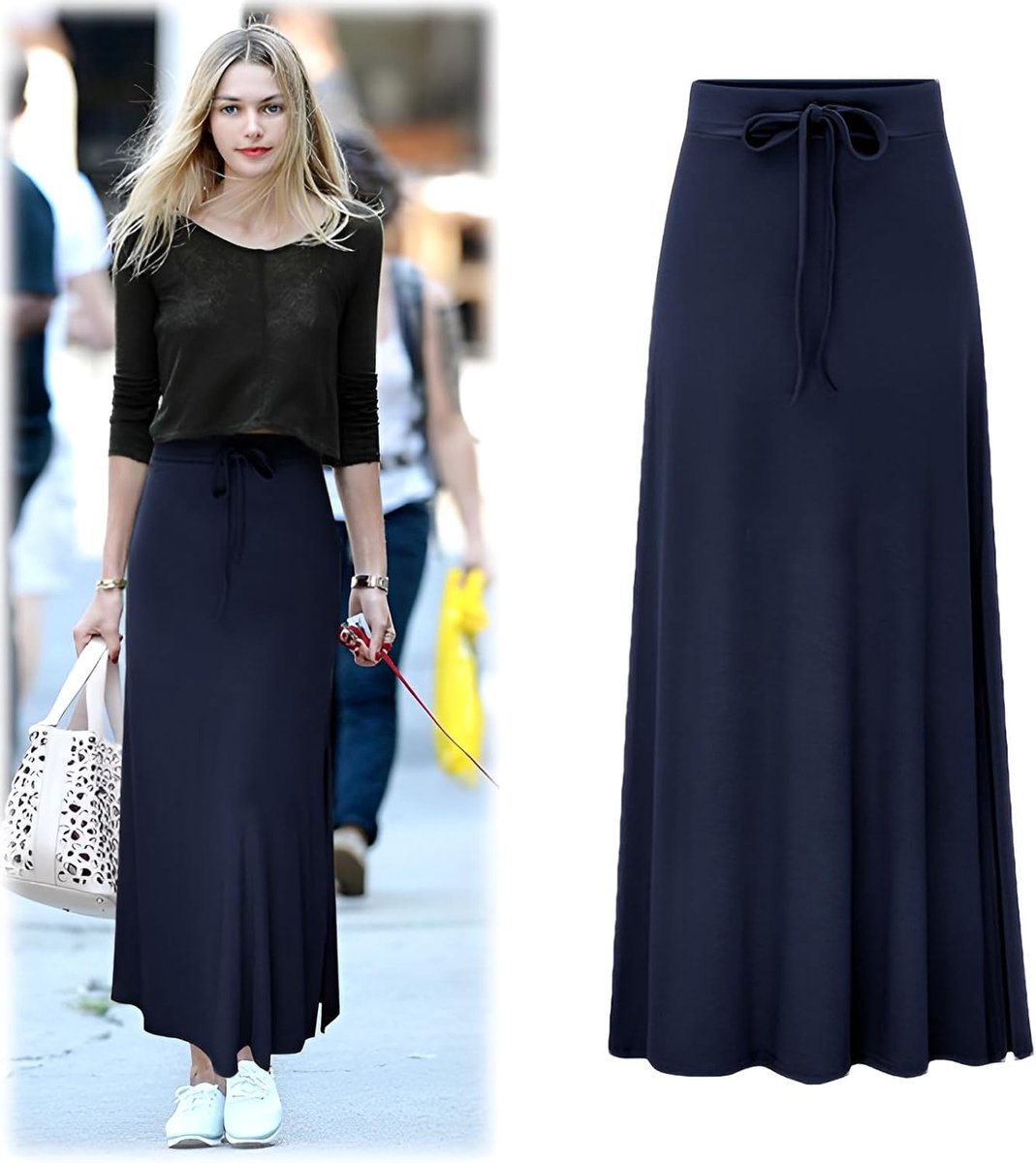 rismart Women's High Waist Skirt Maxi Long Ankle-length Casual Cotton Blend Skirt XS-4XL - ShopVlot