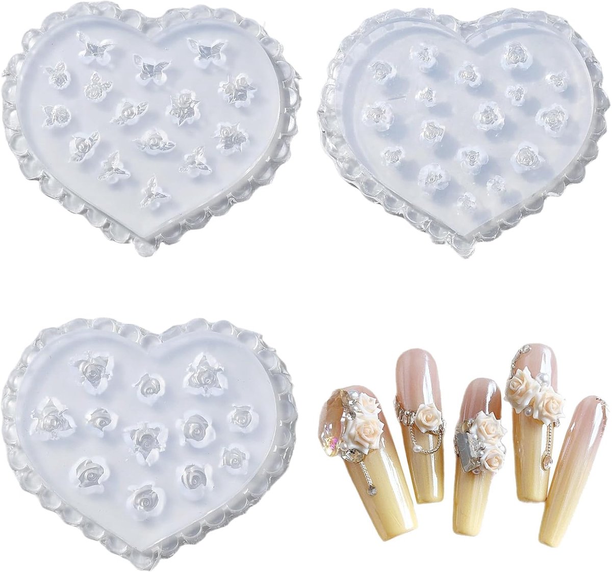 Ipotkitt 3 stuks roze bloem nail art siliconen mal set, hartvormige bloemen nagel bedels mallen voor UV-hars gel - ShopVlot