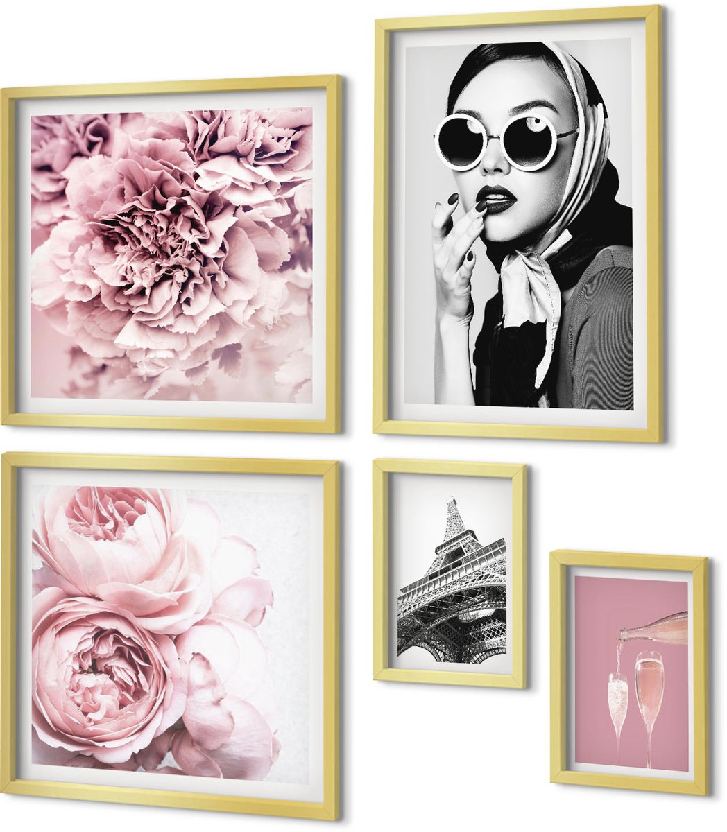 Coloray 5-Delige Schilderij Set - Stijlvolle Portretten En Bloemenaccenten In Roze Tinten - 50 x 50 cm, 20 x 30 cm En 40 x 60 cm - Muurdecoratie - Decoratieve Schilderijen - Wohnzimmer
