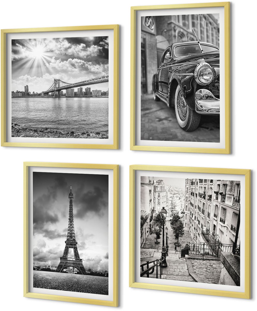 Coloray 4-Delige Schilderij Set - Stadsgezichten Bruggen Eiffeltoren Klassieke auto - 40 x 40 cm en 40 x 60 cm - Muurdecoratie - Wanddecoratie - Hal