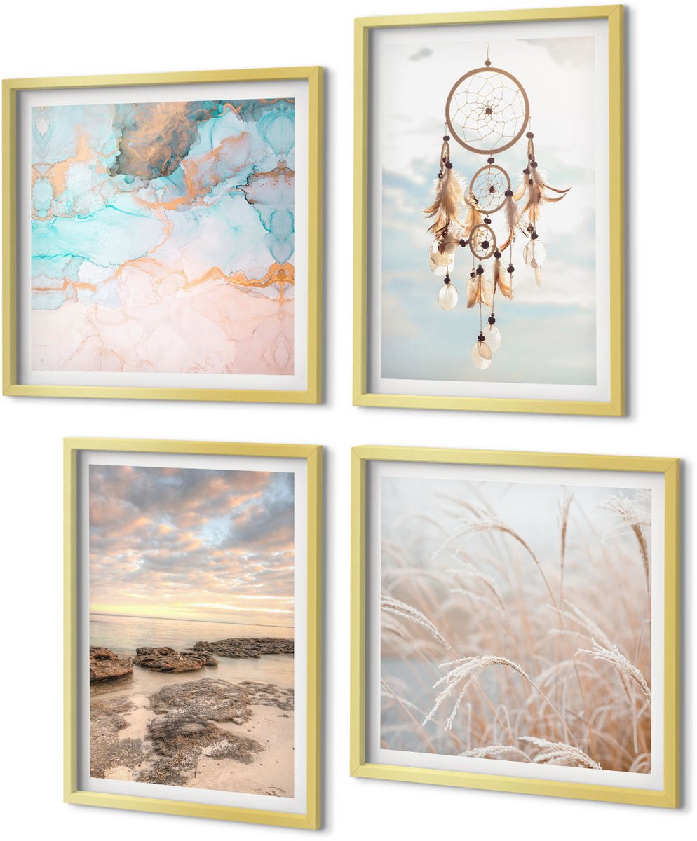 Coloray 4-Delige Schilderij Set - Zeezicht met wolken, dromenvanger en gras - 40 x 40 cm en 40 x 60 cm - Wanddecoratie - Muurdecoratie - Moderne Interieurdecoratie - Stijlvolle Muurdecoratie