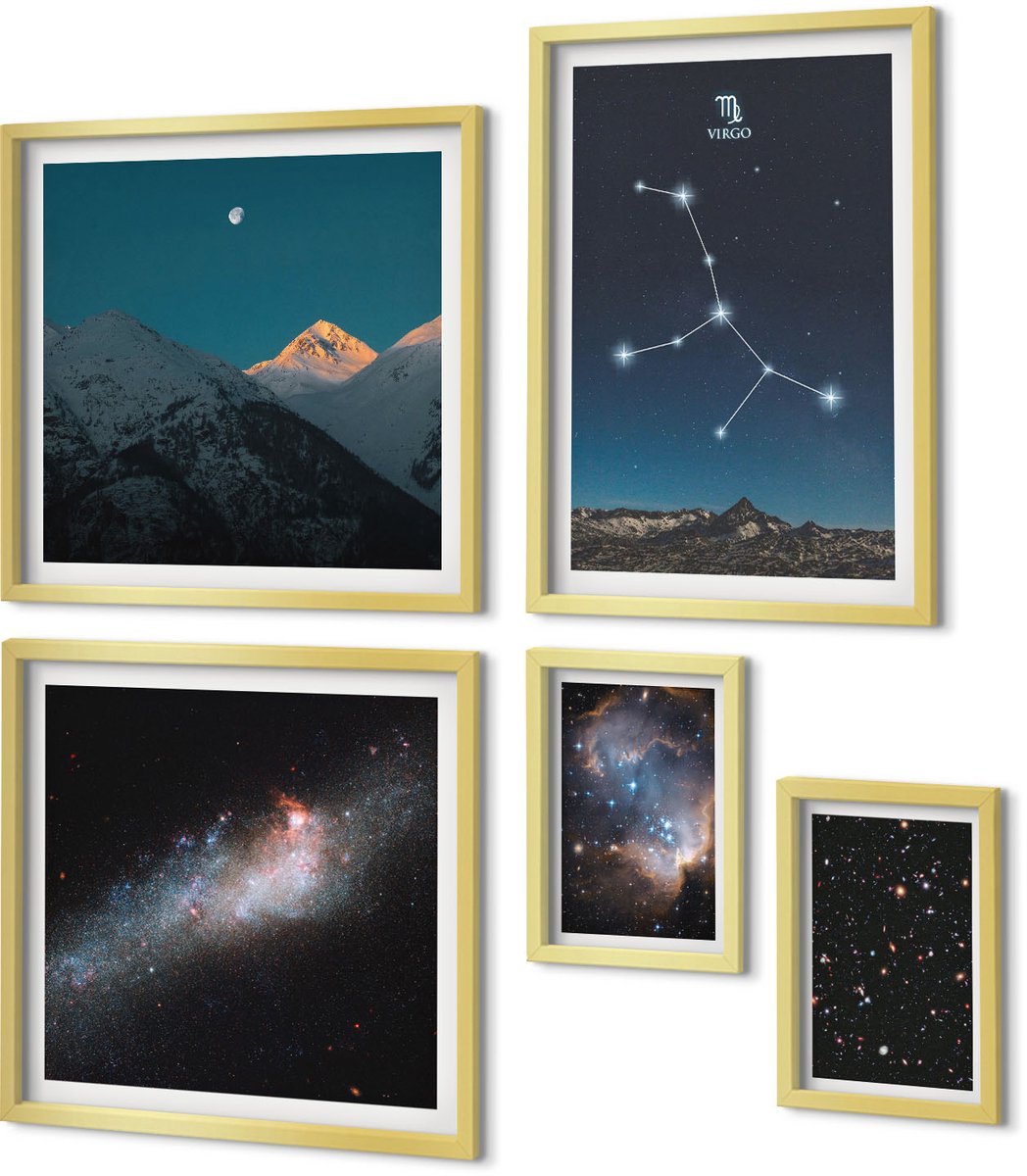 Coloray 5-Delige Schilderij Set - Ruimtenachtlandschappen Met Sterren En Sterrenbeelden - 50 x 50 cm, 20 x 30 cm En 40 x 60 cm - Stijlvolle Wanddecoratie - Interieur - Interieur Decoratie