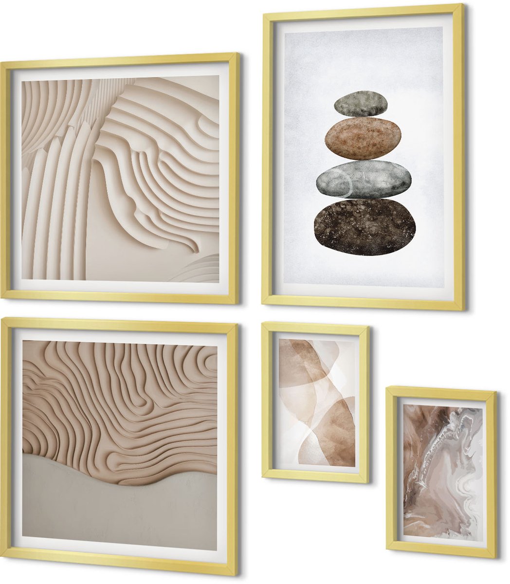 Coloray 5-Delige Schilderij Set - Abstracte Vormen, Geschilderde Structuren In Pastelkleuren. - 50 x 50 cm, 20 x 30 cm En 40 x 60 cm - Stijlvolle Muurdecoratie - Slaapkamer - Decoratieve Schilderijen