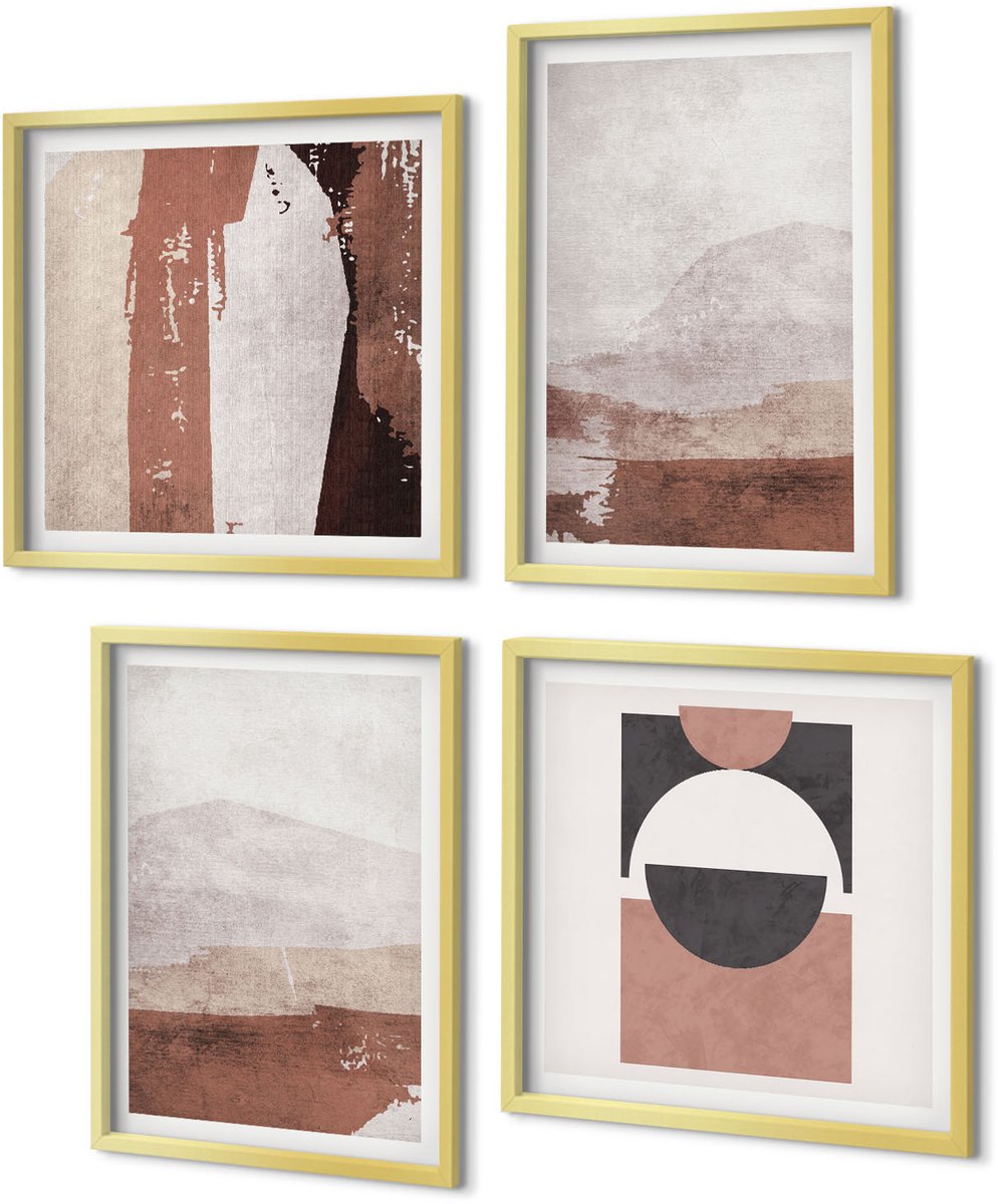 Coloray 4-Delige Schilderij Set - Abstracte patronen in bruine en beige tinten. - 40 x 40 cm en 40 x 60 cm - Muurdecoratie - Wanddecoratie - Slaapkamer