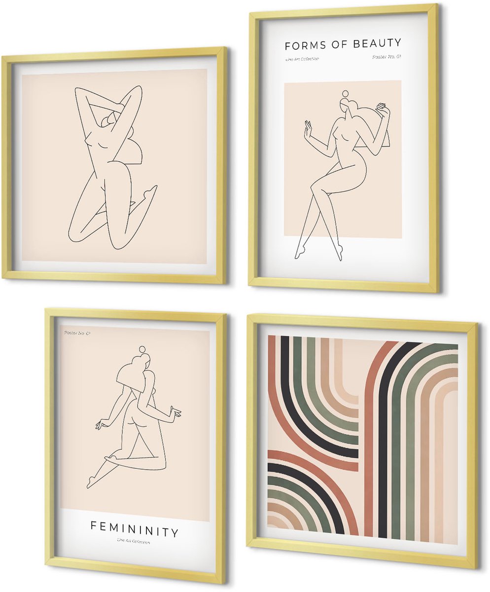 Coloray 4-Delige Schilderij Set - Lineaire silhouetten van vrouwen in minimalistische posters - 40 x 40 cm en 40 x 60 cm - Muurdecoratie - Interieur Decoratie