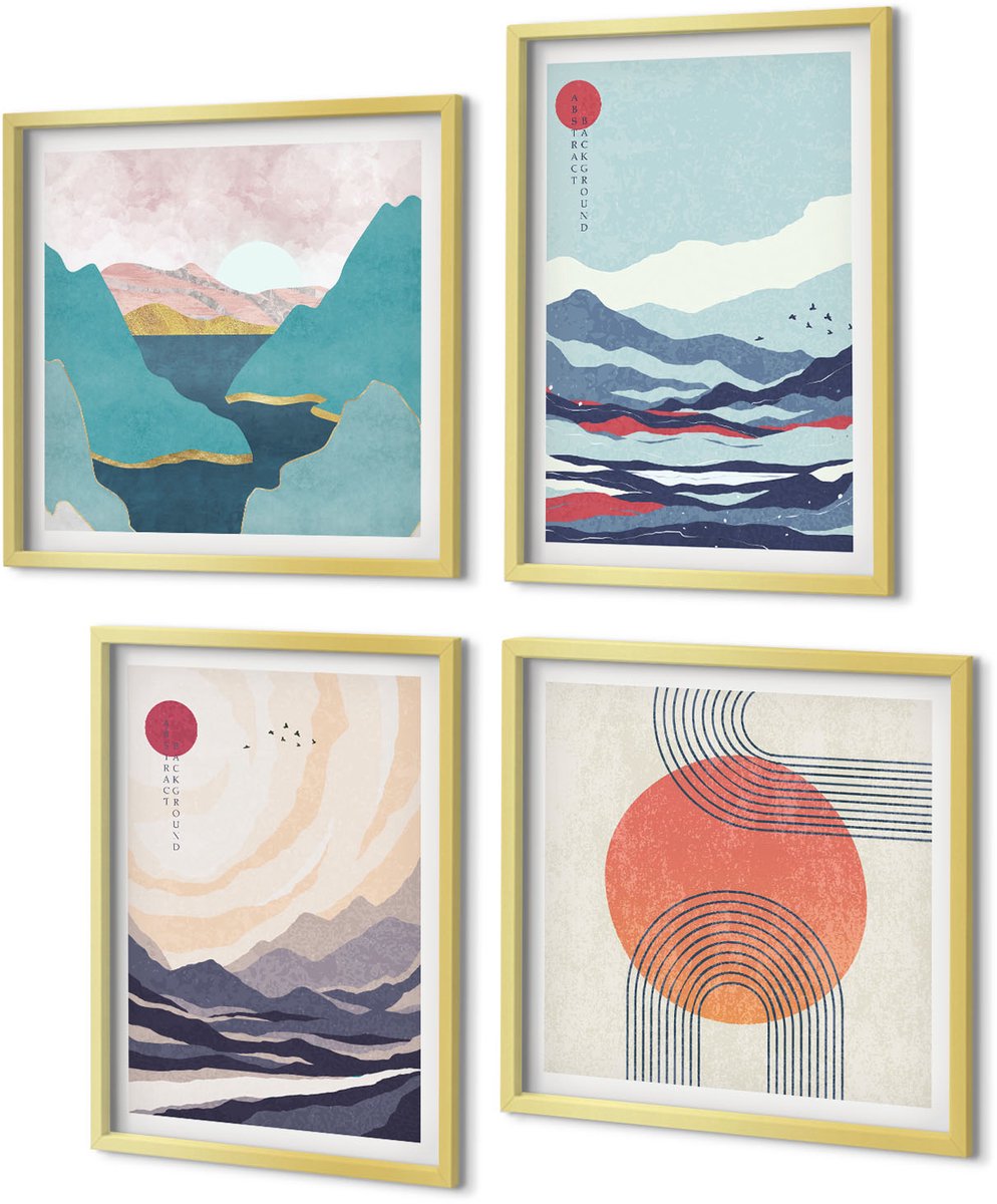 Coloray 4-Delige Schilderij Set - Japanse abstracte berglandschappen - 40 x 40 cm en 40 x 60 cm - Decoratieve Schilderijen - Wanddecoratie - Hal - Interieur Decoratie