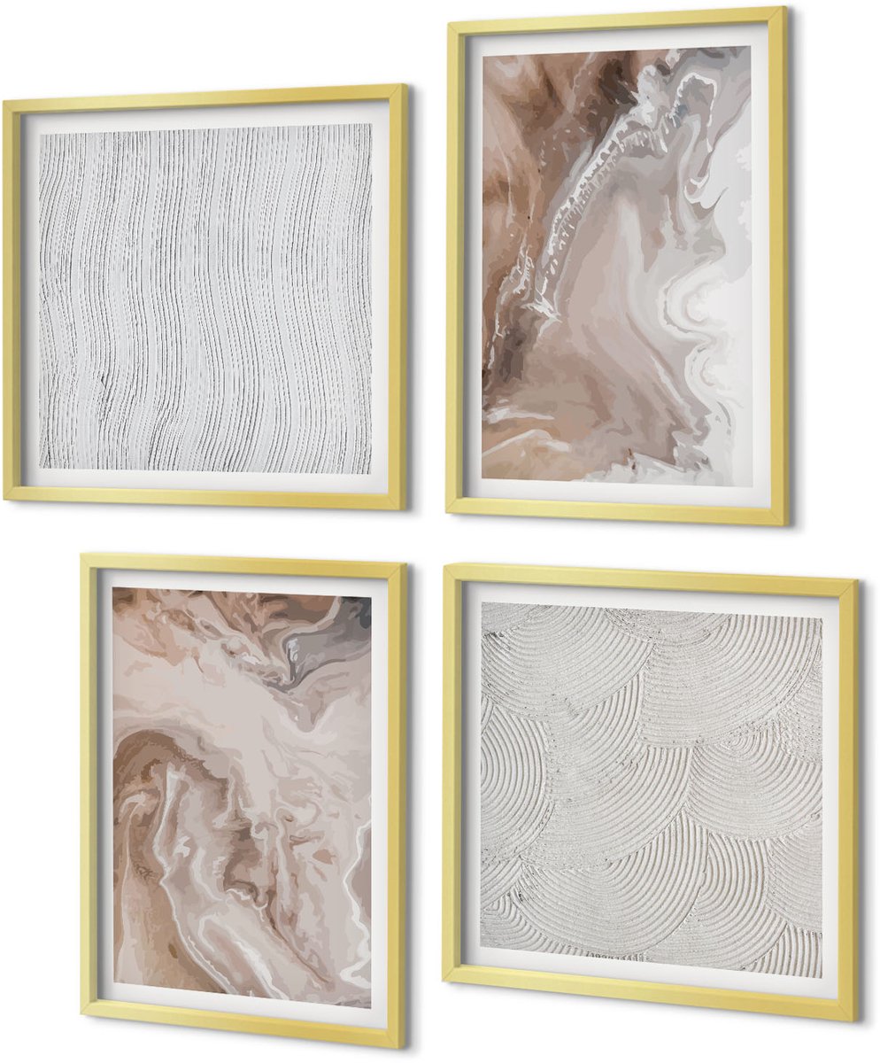 Coloray 4-Delige Schilderij Set - Abstracte marmerpatronen met steenstructuur - 40 x 40 cm en 40 x 60 cm - Wanddecoratie - Schilderijen Set - Interieur