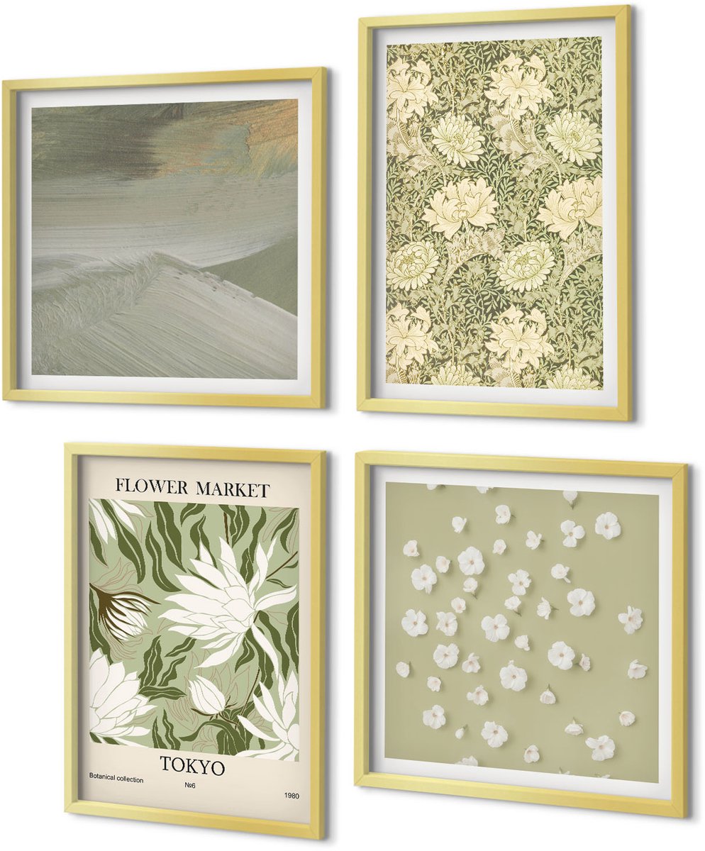 Coloray 4-Delige Schilderij Set - Plantenpatronen en abstracties in boho-stijl - 40 x 40 cm en 40 x 60 cm - Muurdecoratie - Interieur Decoratie