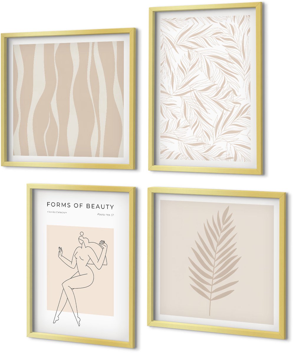 Coloray 4-Delige Schilderij Set - Minimalistische stijl met botanische motieven - 40 x 40 cm en 40 x 60 cm - Muurdecoratie - Wanddecoratie - Slaapkamer