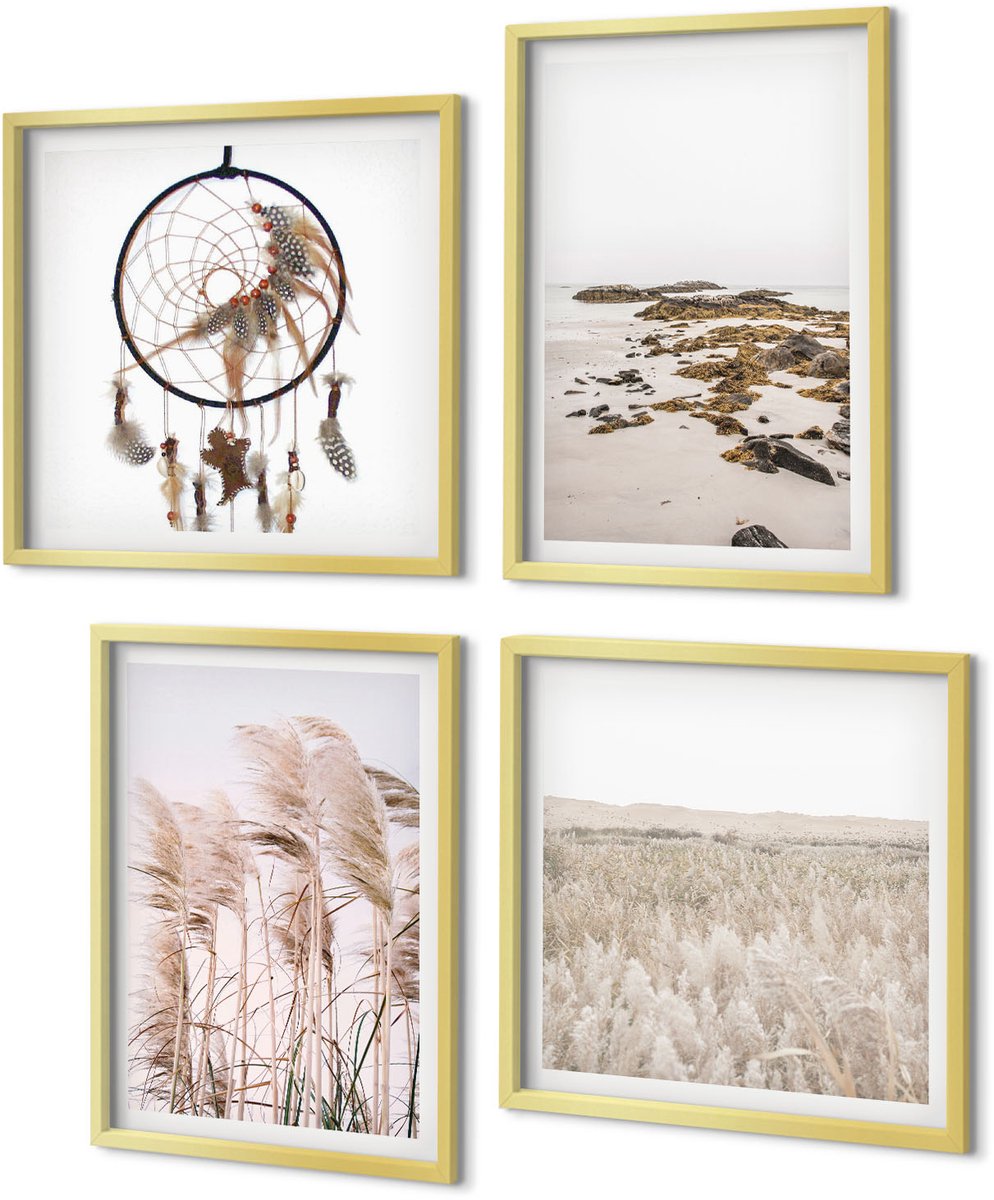 Coloray 4-Delige Schilderij Set - Pampasgrasvelden, strand, dromenvanger, boho-stijl - 40 x 40 cm en 40 x 60 cm - Decoratieve Schilderijen - Woonkamer - Interieur - Stijlvolle Muurdecoratie