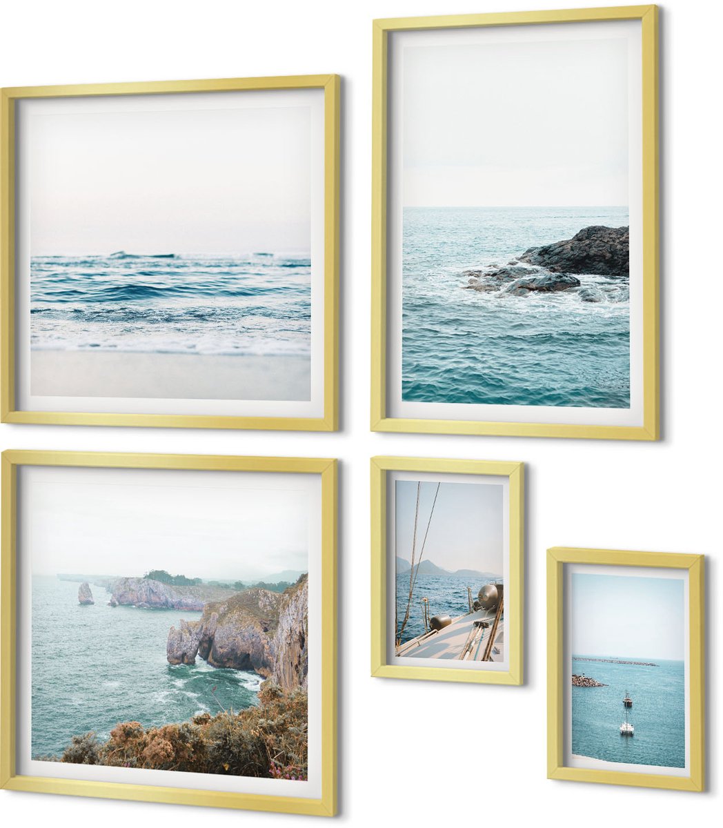 Coloray 5-Delige Schilderij Set - Rustig Uitzicht Op Zee Met Stranden En Kliffen - 50 x 50 cm, 20 x 30 cm En 40 x 60 cm - Wanddecoratie - Woonkamer Decoratie