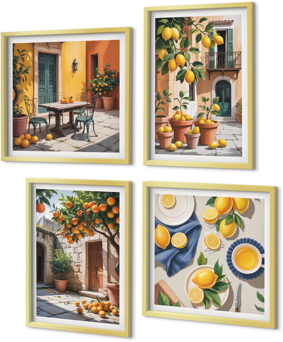 Coloray 4-Delige Schilderij Set - Citrusvruchten in een zonnige tuinscène - 40 x 40 cm en 40 x 60 cm - Muurdecoratie - Wanddecoratie - Slaapkamer - Moderne Wanddecoratie