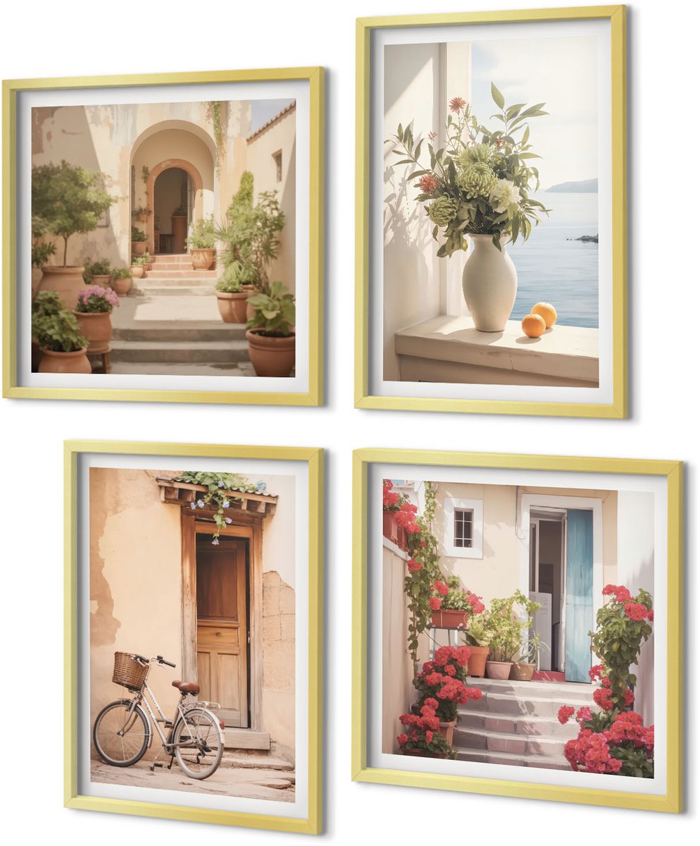 Coloray 4-Delige Schilderij Set - Charmante straatjes langs de kust met bloemen en fietsen. - 40 x 40 cm en 40 x 60 cm - Moderne Wanddecoratie - Woonkamer