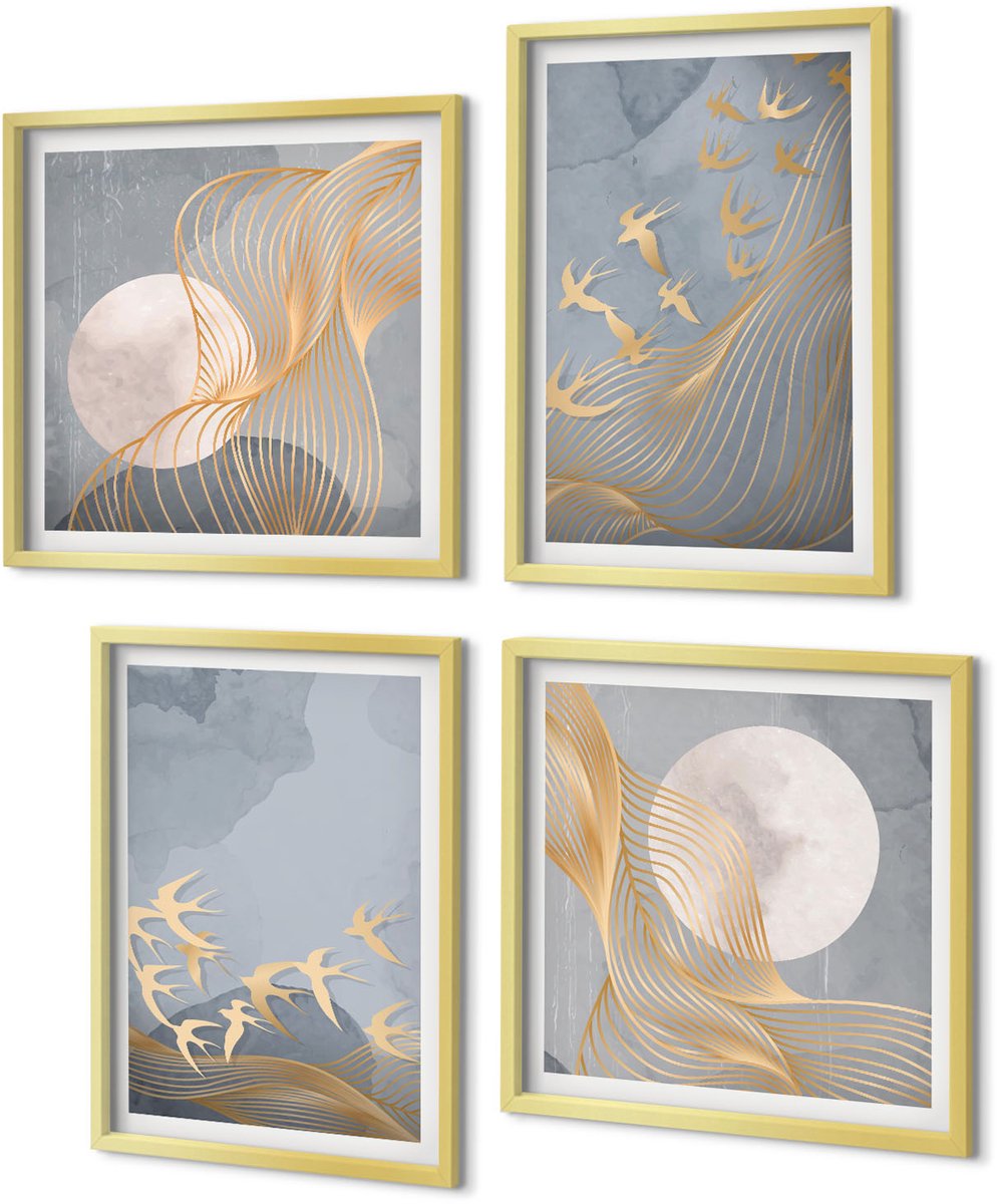 Coloray 4-Delige Schilderij Set - Vogels in vlucht tegen de hemel en de maan. - 40 x 40 cm en 40 x 60 cm - Wanddecoratie - Muurdecoratie - Woonkamer - Woonkamer Decoratie