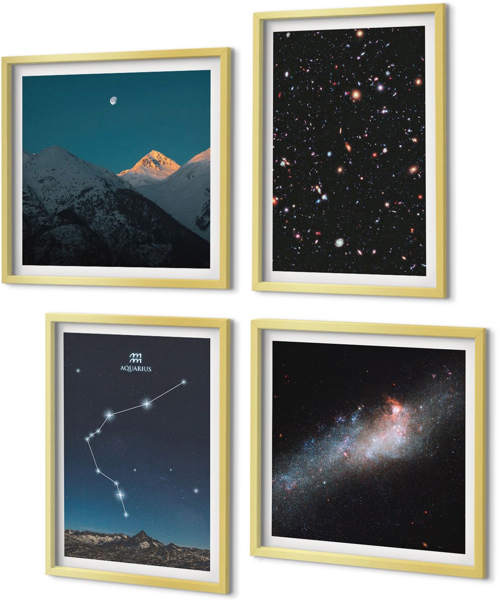 Coloray 4-Delige Schilderij Set - Melkwegstelsel Ruimte Sterrenbeeld Waterman Bergen - 40 x 40 cm en 40 x 60 cm - Moderne Wanddecoratie - Slaapkamer - Interieur Decoratie