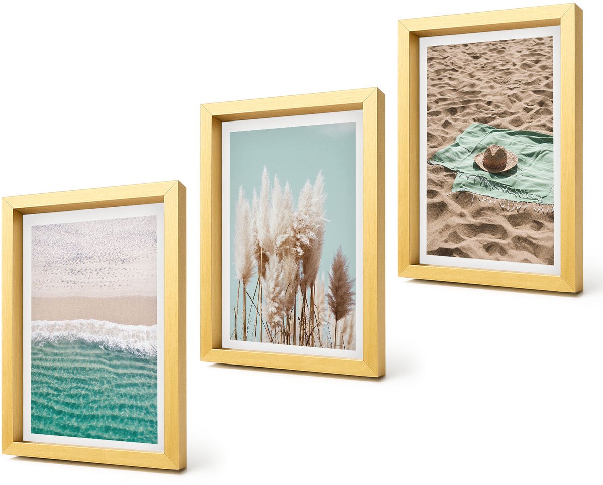 Coloray 4-Delige Schilderij Set - Strandgolven Gras Hoed Zand Ontspanning Natuur - 20 x 30 cm - Stijlvolle Muurdecoratie - Slaapkamer - Woonkamer Decoratie