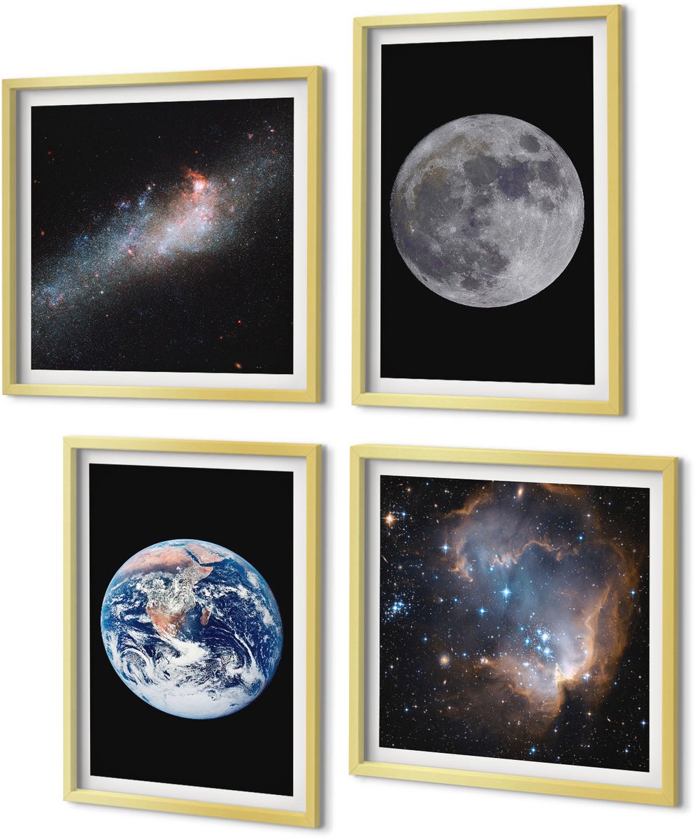 Coloray 4-Delige Schilderij Set - Ruimte, Melkweg, Sterren en Volle Maan - 40 x 40 cm en 40 x 60 cm - Stijlvolle Muurdecoratie - Kantoor - Woonkamer Decoratie