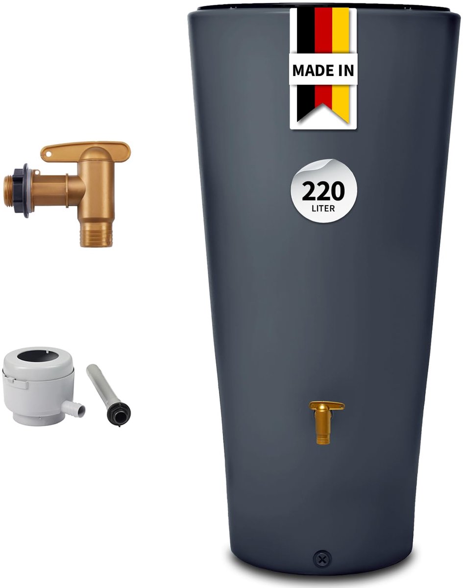 Famanu – Regenton 220 liter in graphite grey met kunststof uitloopkraan, duurzaam en praktisch voor waterbesparing in de tuin