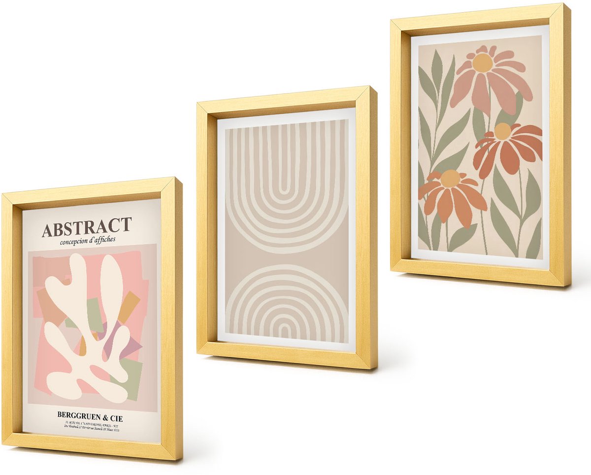 Coloray 4-Delige Schilderij Set - Abstracte vormen met plantmotieven in pastelkleuren. - 20 x 30 cm - Decoratieve Schilderijen - Woonkamer - Interieur - Interieur Decoratie